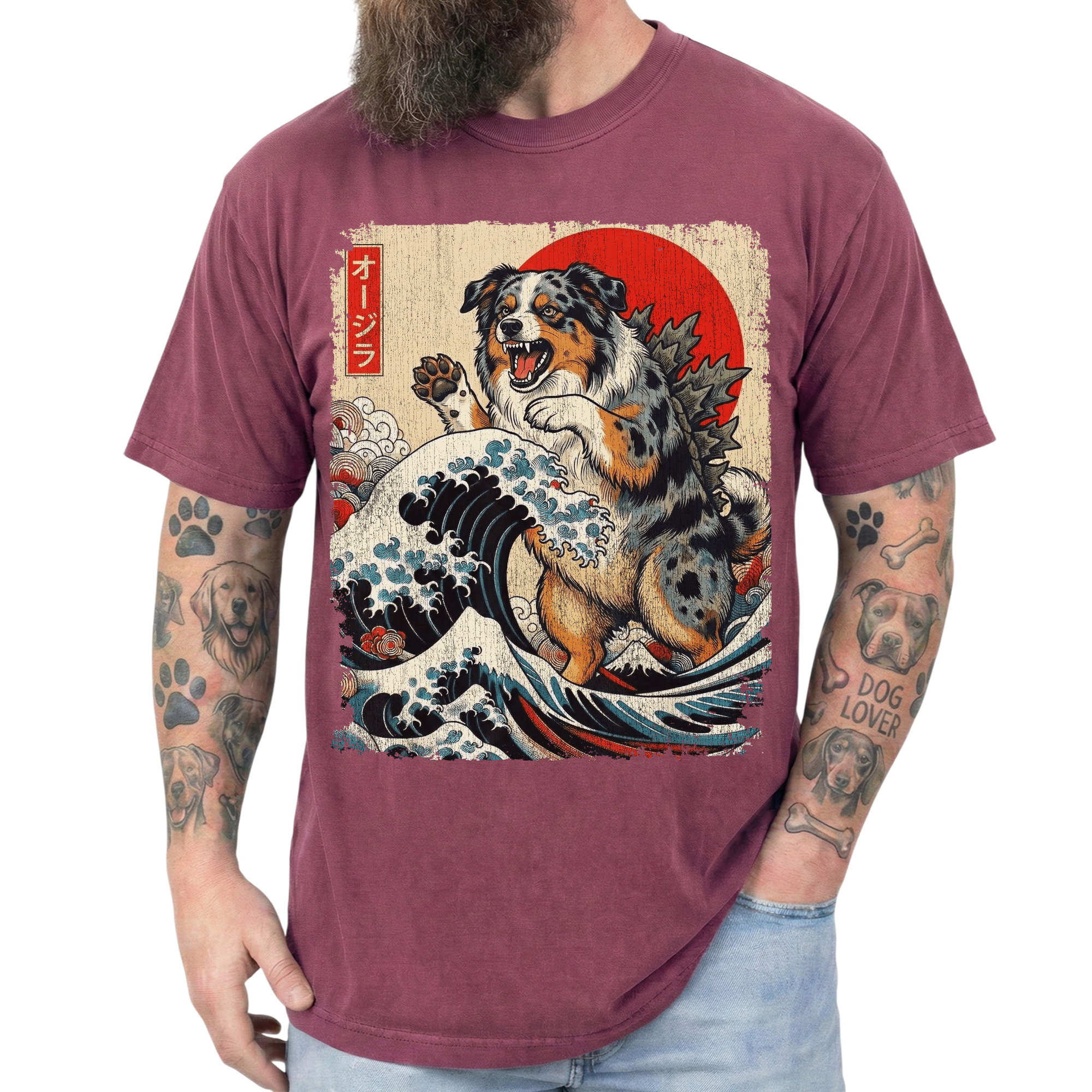 Australian Shepherd Dog Funny Dogzilla Japanese Art Unisex T-Shirt
