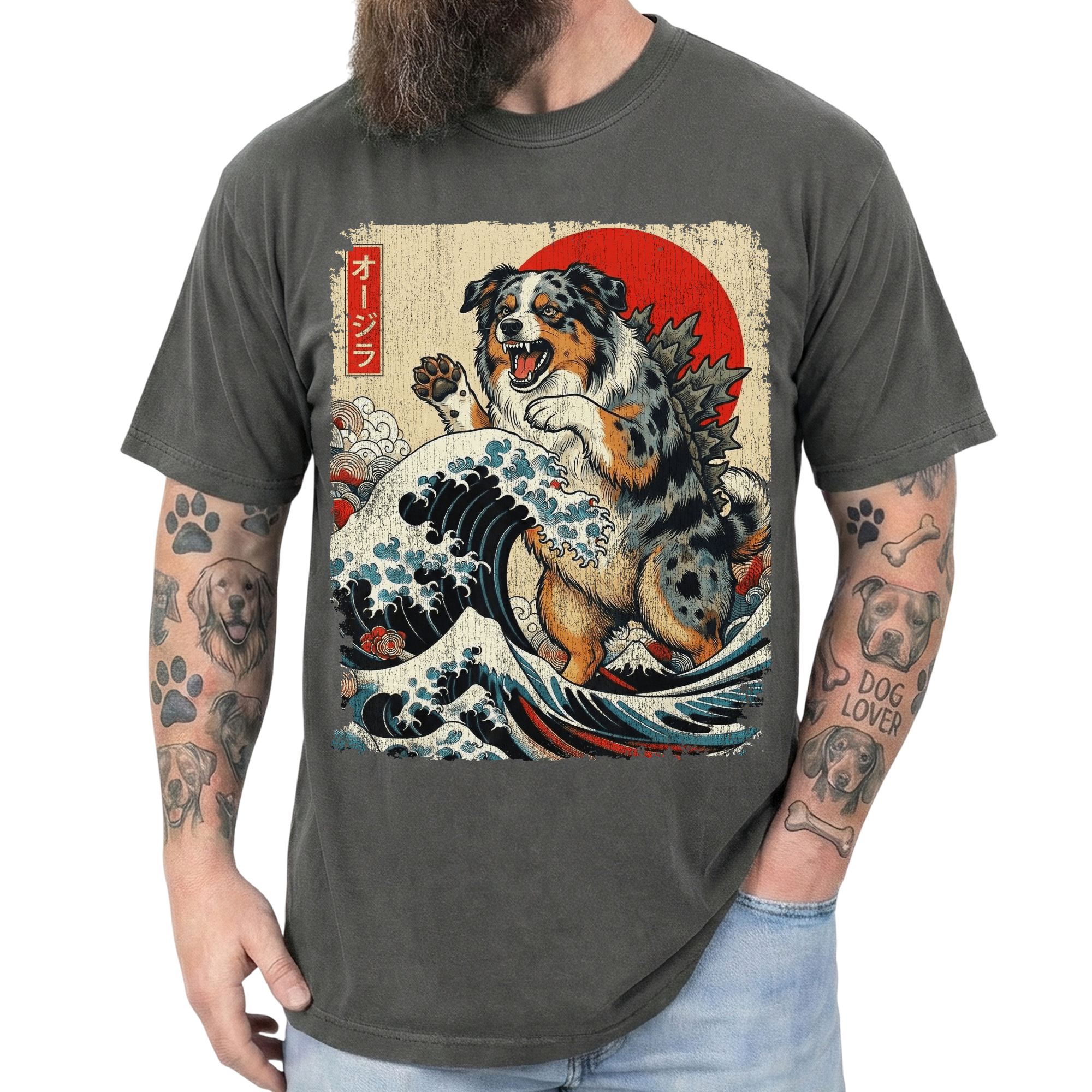 Australian Shepherd Dog Funny Dogzilla Japanese Art Unisex T-Shirt